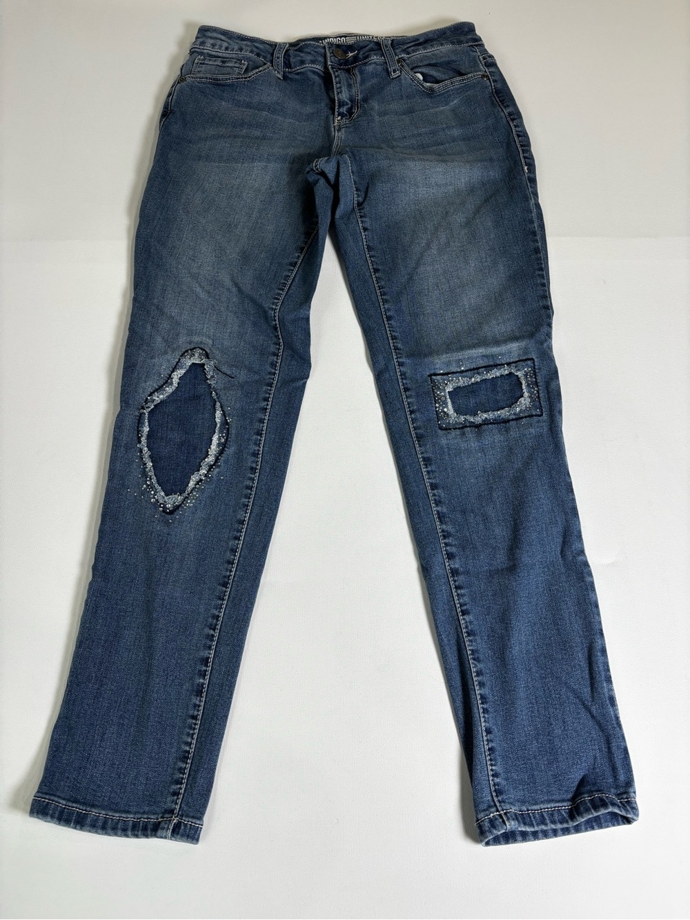 Indigo Women's Dark Blue Straight Leg Jeans with Patch and Distress
